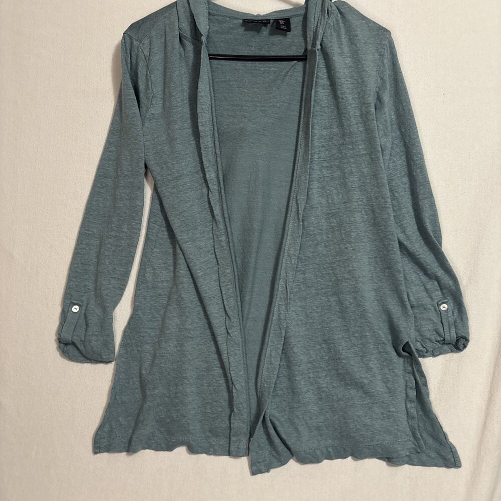 Tahari Womens Teal Long Sleeve Hooded Open-Front Cardigan Sweater Size Med Linen
